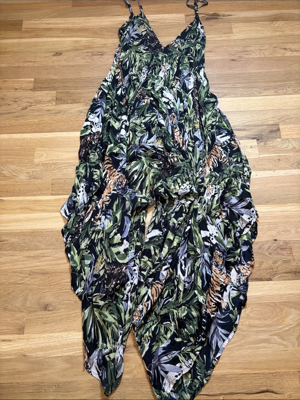 World Market Green Black Tan Tropical Print Flowy Spaghetti Strap Romper